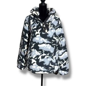 LIV Outdoor Blue/Black/White Camouflage Print Quarter Zip Cozy Fleece Jacket